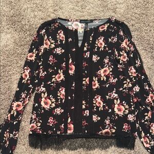 Floral Black Blouse with Lace Trim